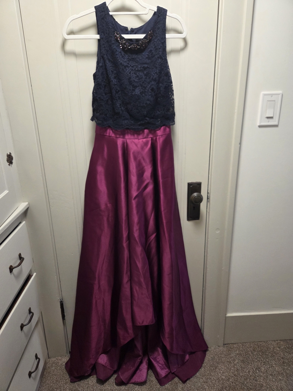 Betsy & Adam Navy Lace Dress with Beaded Accent And Magenta Satin Bottom Nwt 2